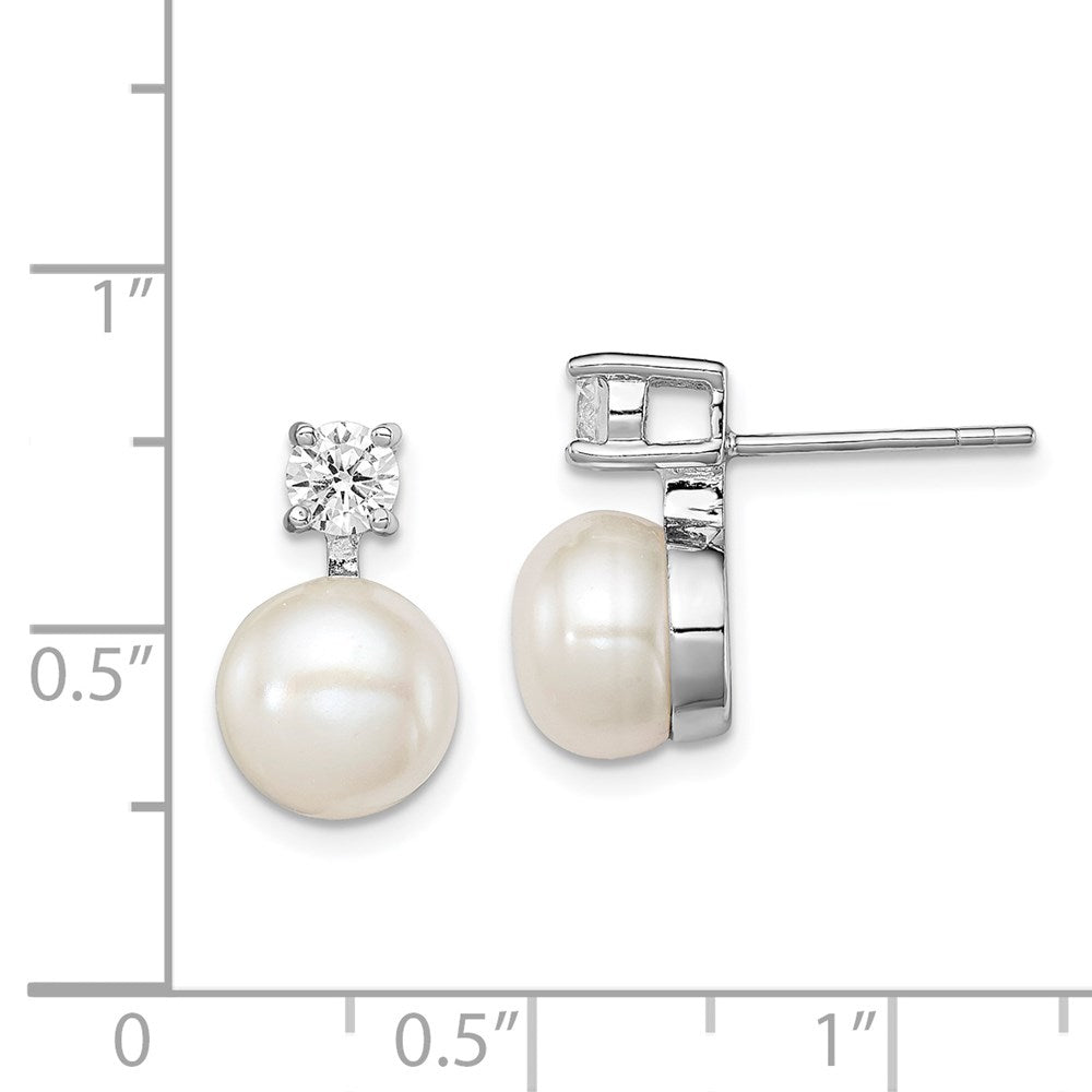 Sterling Silver Rhodium Plated 7-8mm White Freshwater Cultured Pearl And Clear Cz Post Earrings