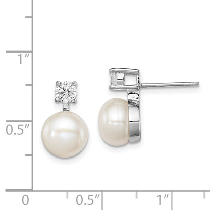 Sterling Silver Rhodium Plated 7-8mm White Freshwater Cultured Pearl And Clear Cz Post Earrings