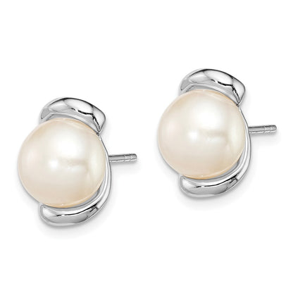 Sterling Silver Rhodium Plated 8-9mm White Freshwater Cultured Pearl Post Stud Earrings