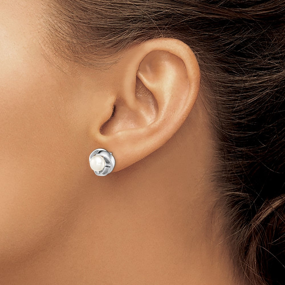 Sterling Silver Rhodium Plated 6 7mm White Button Freshwater Cultured Pearl Knot Post Earrings