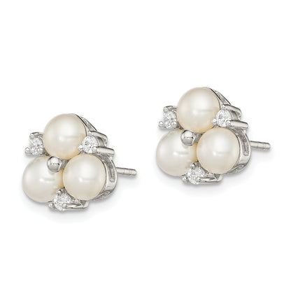 Sterling Silver Rhodium Plated Clear Cz And Three 5-6mm White Freshwater Cultured Pearl Cluster Post Earrings