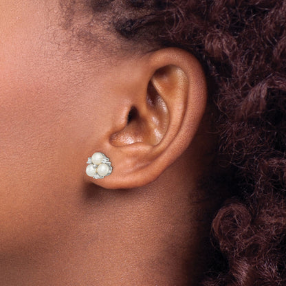 Sterling Silver Rhodium Plated Clear Cz And Three 5-6mm White Freshwater Cultured Pearl Cluster Post Earrings
