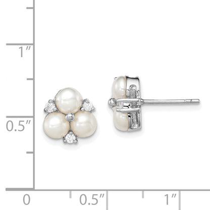 Sterling Silver Rhodium Plated Clear Cz And Three 5-6mm White Freshwater Cultured Pearl Cluster Post Earrings