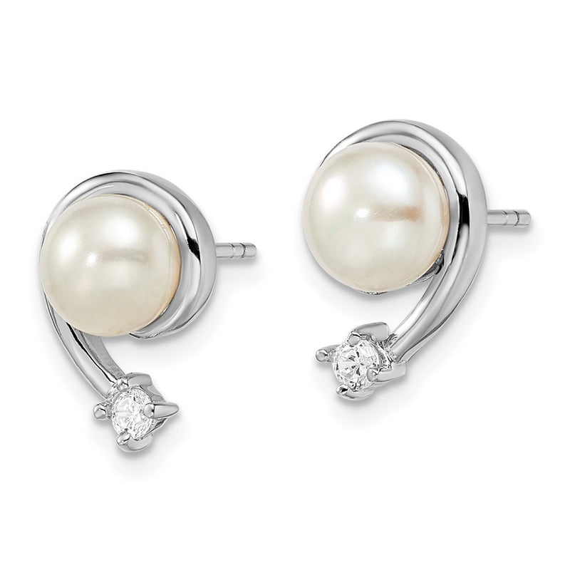 Sterling Silver Rhodium Plated Clear Cz And 7-8mm White Freshwater Cultured Pearl Post Earrings