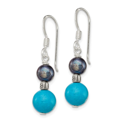 Sterling Silver Polished & Antiqued Black Fwc Pearl Turquoise W/ Flower Bead Dangle Earrings