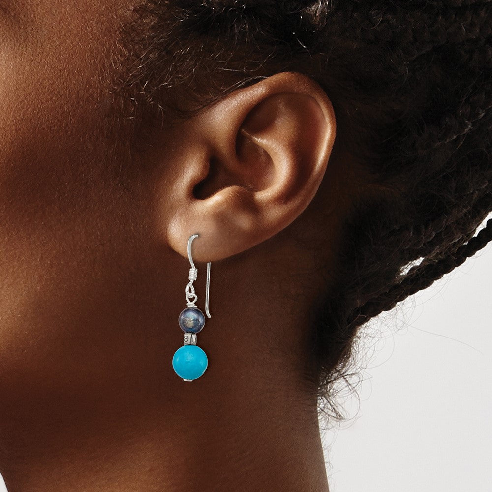 Sterling Silver Polished & Antiqued Black Fwc Pearl Turquoise W/ Flower Bead Dangle Earrings