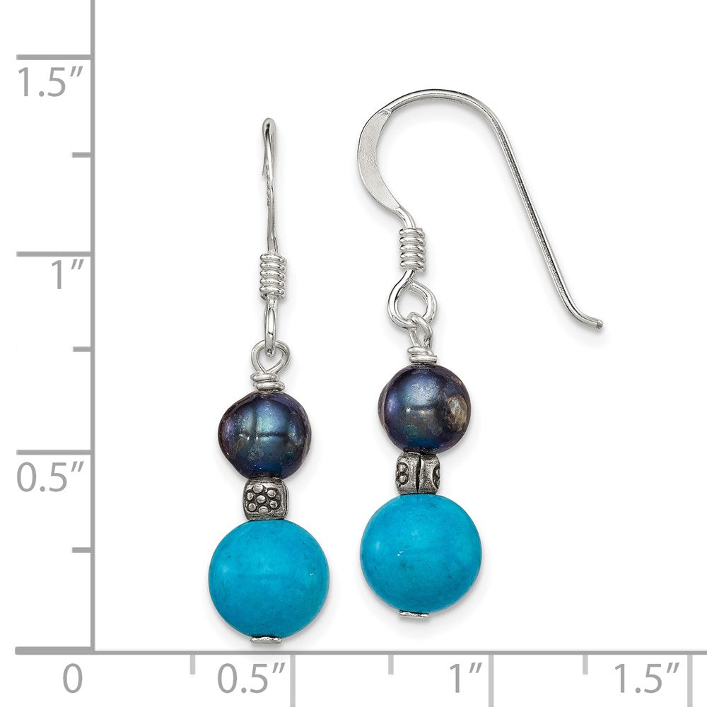 Sterling Silver Polished & Antiqued Black Fwc Pearl Turquoise W/ Flower Bead Dangle Earrings