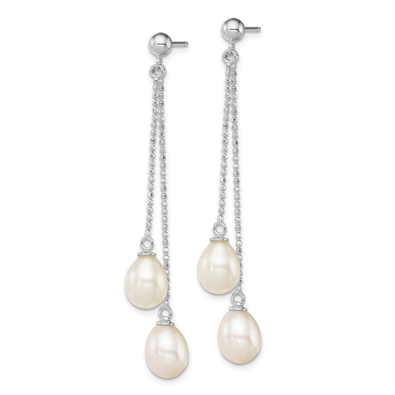 Sterling Silver Rhodium Plated 7-8mm White Freshwater Cultured Pearl Long Dangle Post Earrings