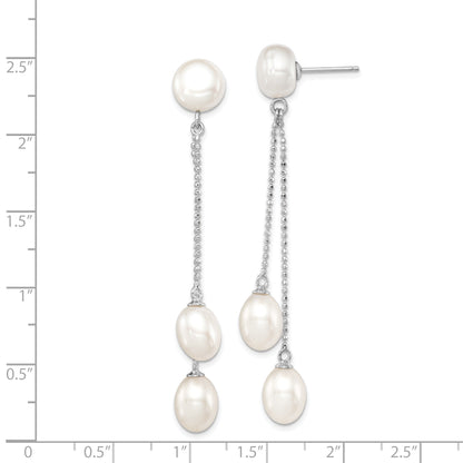 Sterling Silver Rhodium Plated Three 6-9mm White Freshwater Cultured Pearl Dangle Post Earrings