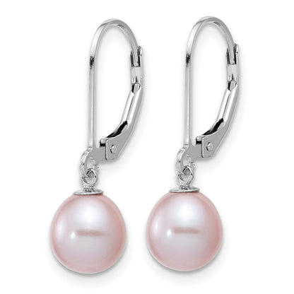 Sterling Silver Rhodium-Plated Polished Purple 7-8mm Freshwater Cultured Pearl Leverback Dangle Earrings