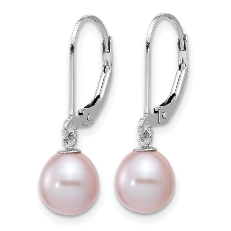 Sterling Silver Rhodium-Plated Polished Purple 7-8mm Freshwater Cultured Pearl Leverback Dangle Earrings