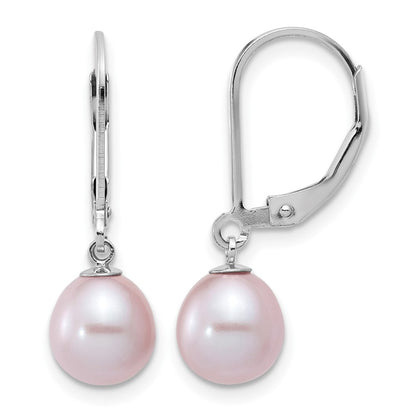 Sterling Silver Rhodium-Plated Polished Purple 7-8mm Freshwater Cultured Pearl Leverback Dangle Earrings