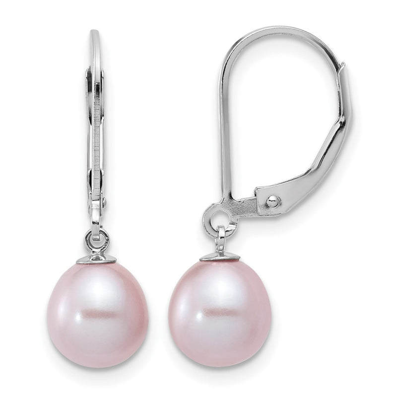 Sterling Silver Rhodium-Plated Polished Purple 7-8mm Freshwater Cultured Pearl Leverback Dangle Earrings