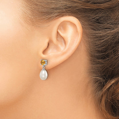Sterling Silver Rhodium Plated Citrine And 7-8mm Freshwater Cultured Pearl Teardrop Dangle Post Earrings