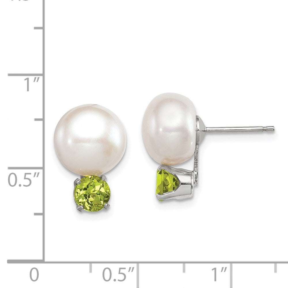 Sterling Silver Rhod-Pltd 10-11mm Fwc Button Pearl Peridot Earrings