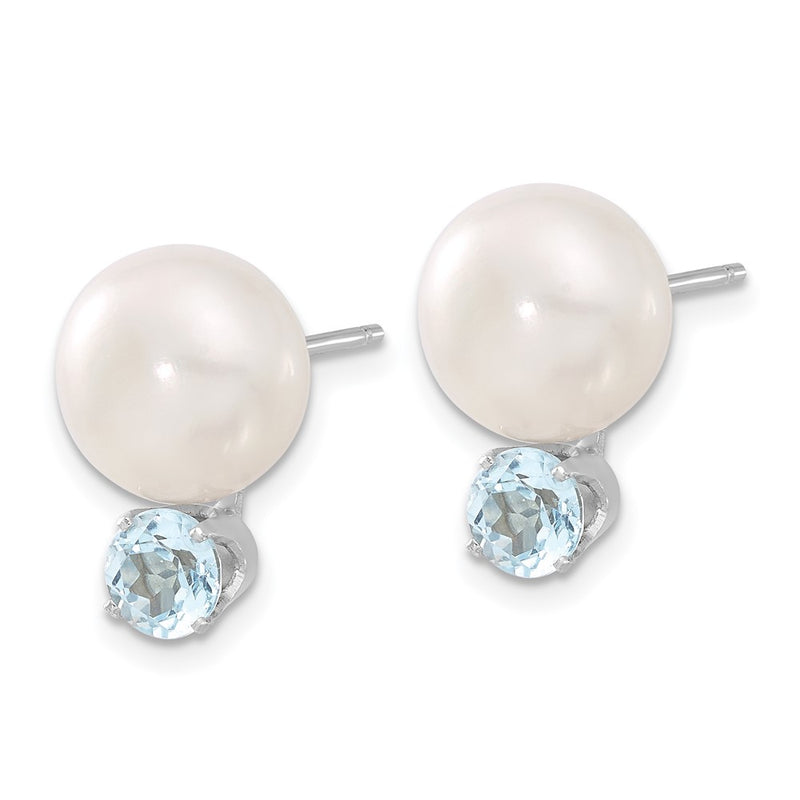 Sterling Silver Rhod-Pltd 10-11mm Fwc Button Pearl Blue Topaz Earrings