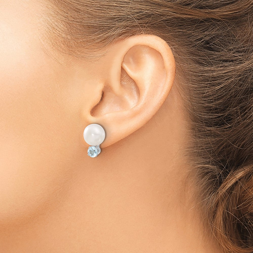 Sterling Silver Rhod-Pltd 10-11mm Fwc Button Pearl Blue Topaz Earrings