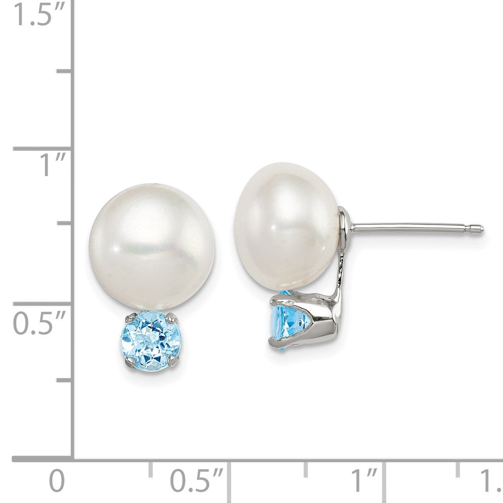 Sterling Silver Rhod-Pltd 10-11mm Fwc Button Pearl Blue Topaz Earrings