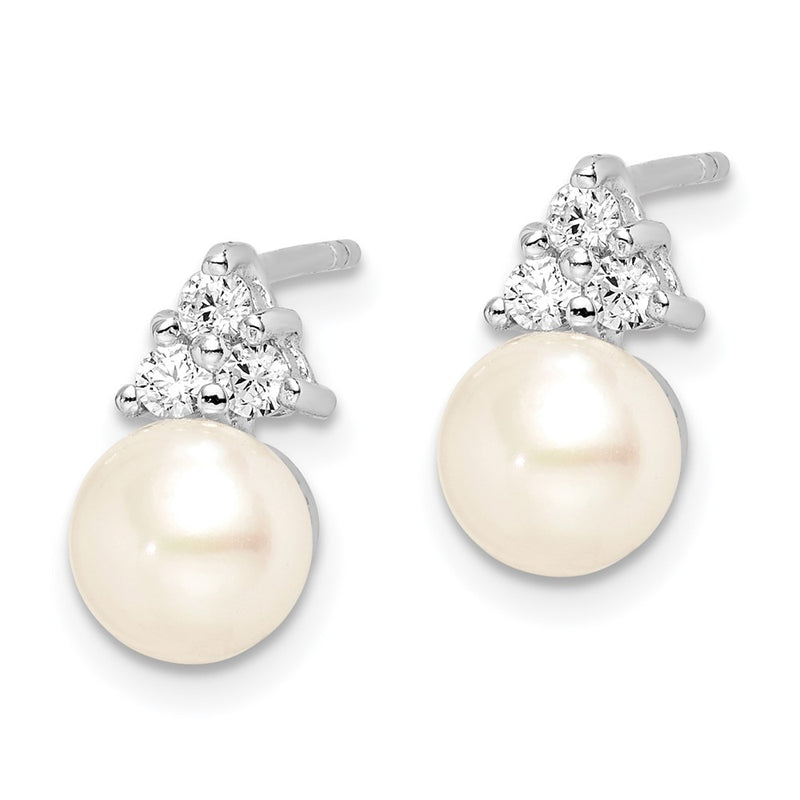 Sterling Silver Rhodium-Plated 6-7mm White Fwc Pearl Cz Post Earrings
