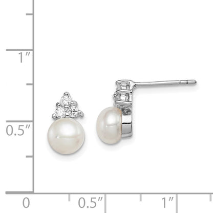 Sterling Silver Rhodium-Plated 6-7mm White Fwc Pearl Cz Post Earrings
