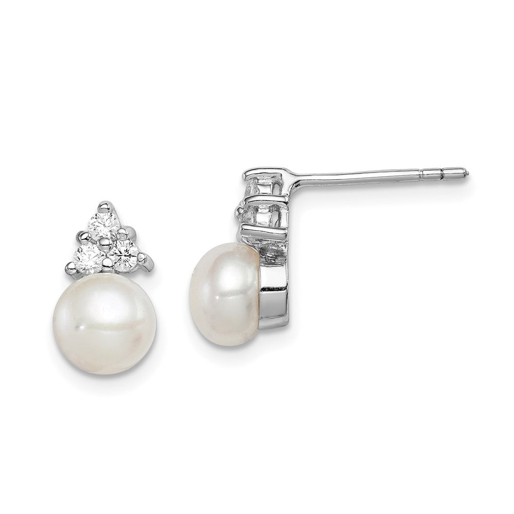 Sterling Silver Rhodium-Plated 6-7mm White Fwc Pearl Cz Post Earrings