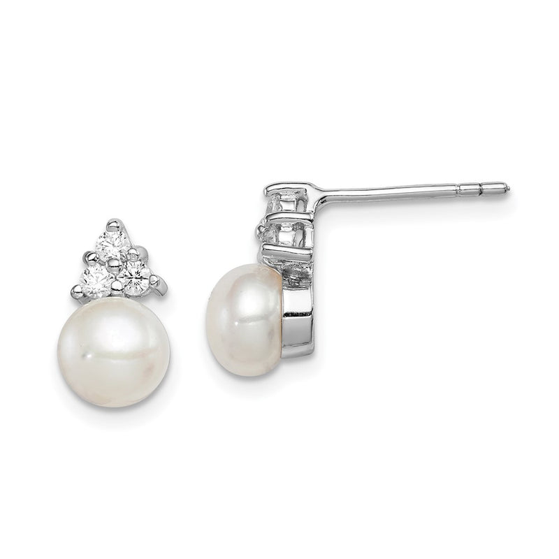 Sterling Silver Rhodium-Plated 6-7mm White Fwc Pearl Cz Post Earrings