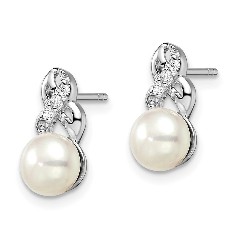 Sterling Silver Rhodium-Plated 6-7mm White Fwc Pearl Cz Post Earrings