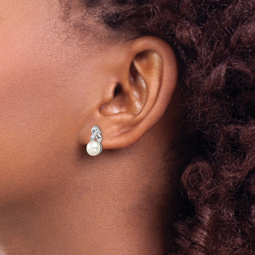 Sterling Silver Rhodium-Plated 6-7mm White Fwc Pearl Cz Post Earrings