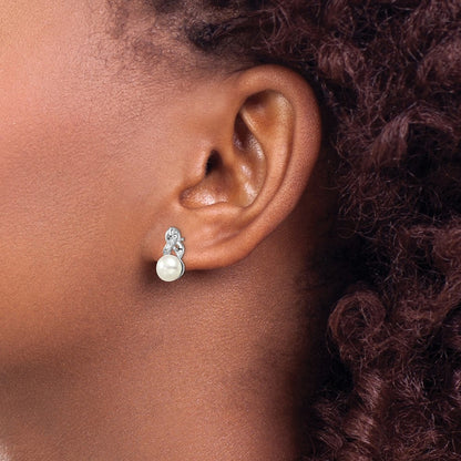 Sterling Silver Rhodium-Plated 6-7mm White Fwc Pearl Cz Post Earrings