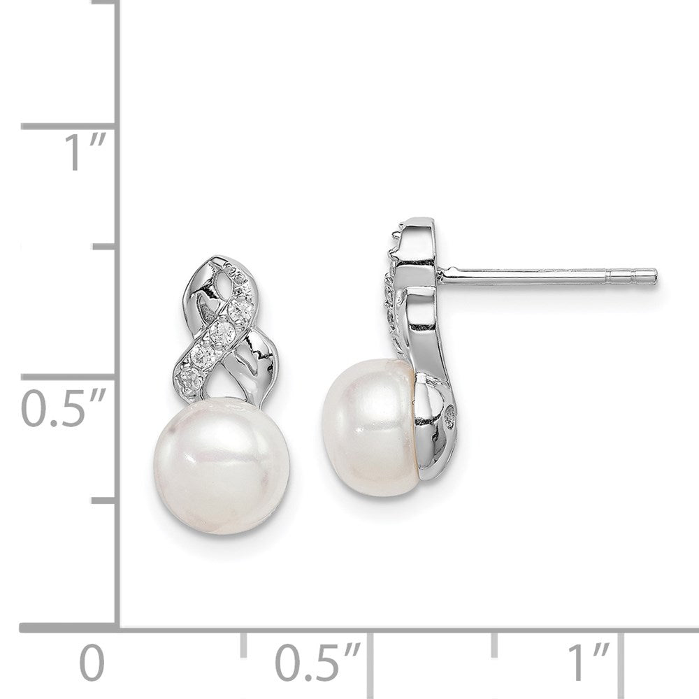 Sterling Silver Rhodium-Plated 6-7mm White Fwc Pearl Cz Post Earrings