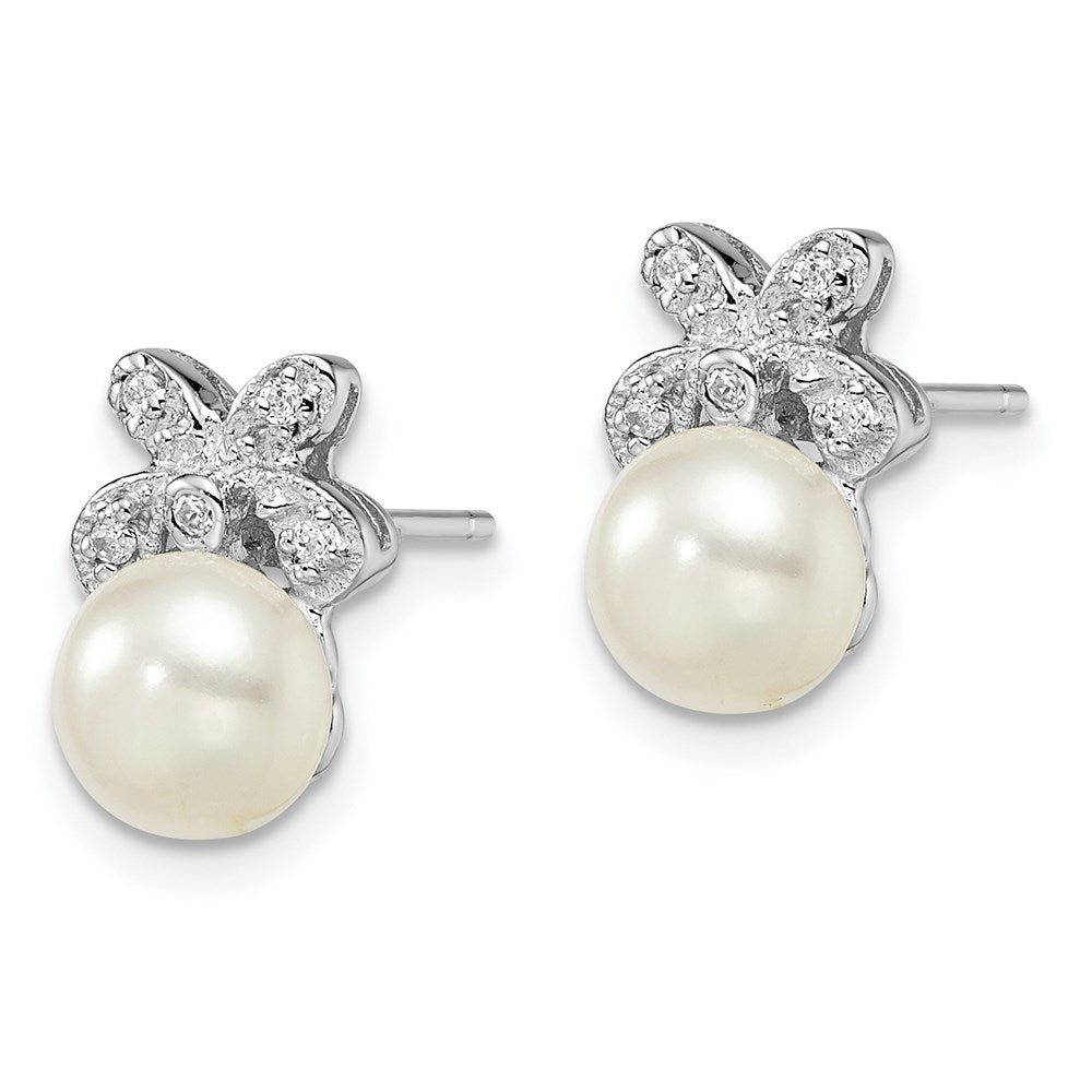 Sterling Silver Rhodium-Plated 7-8mm White Fwc Pearl Cz Post Earrings