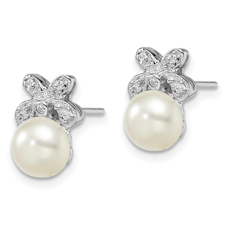 Sterling Silver Rhodium-Plated 7-8mm White Fwc Pearl Cz Post Earrings