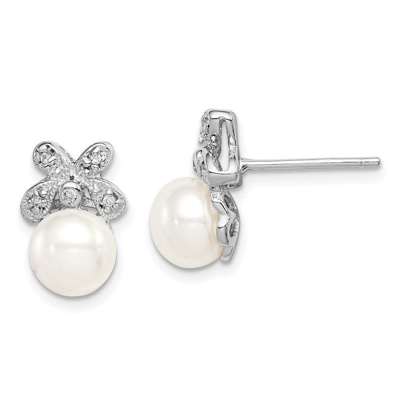 Sterling Silver Rhodium-Plated 7-8mm White Fwc Pearl Cz Post Earrings