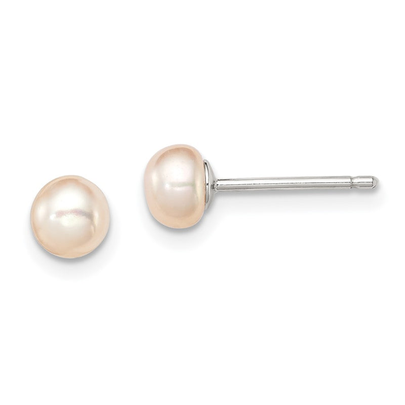 Sterling Silver Rhodium-Plated Polished 4-5mm Pink Button Freshwater Cultured Pearl Children'S Post Earrings