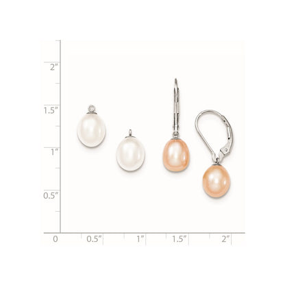 Sterling Silver Rhod 7-8mm Fwc Pearl Leverback 2Pc Enhancer Set