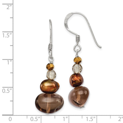 Sterling Silver Polished Fwc Pearl, Crystal & Smoky Quartz Dangle Earrings