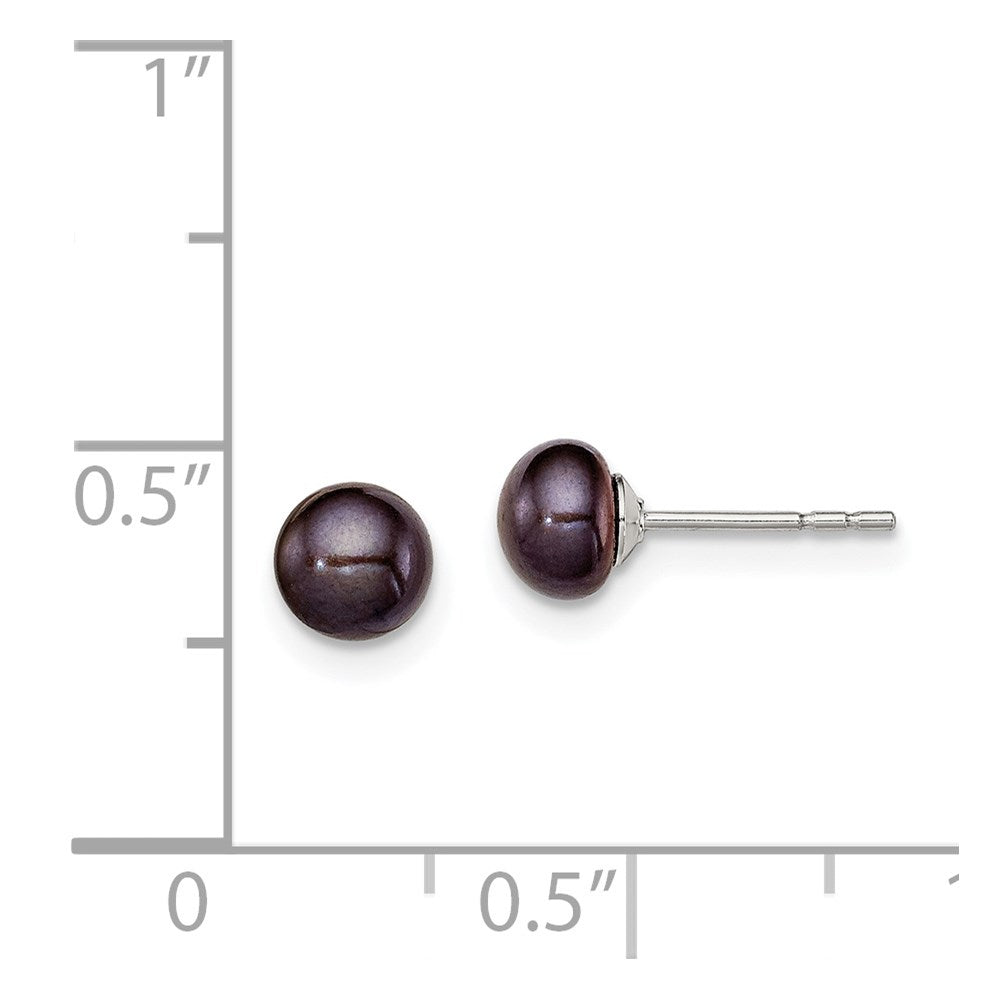 Sterling Silver Rh-Plated 5-6mm Black Fw Cultured Button Pearl Stud Earring
