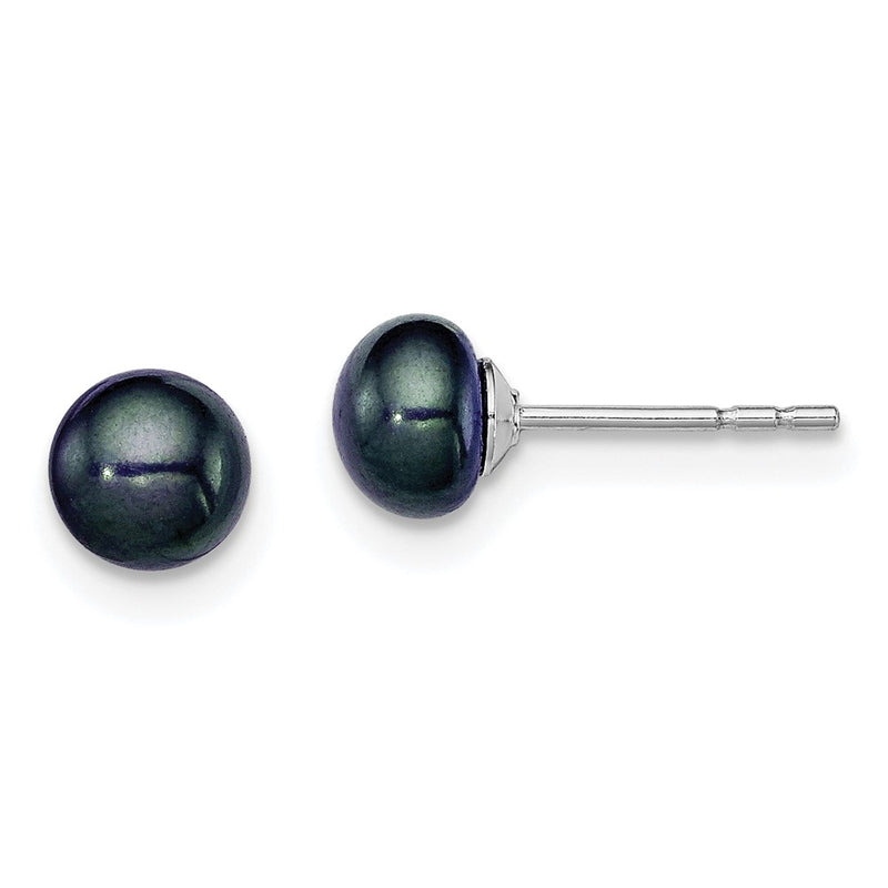 Sterling Silver Rh-Plated 5-6mm Black Fw Cultured Button Pearl Stud Earring