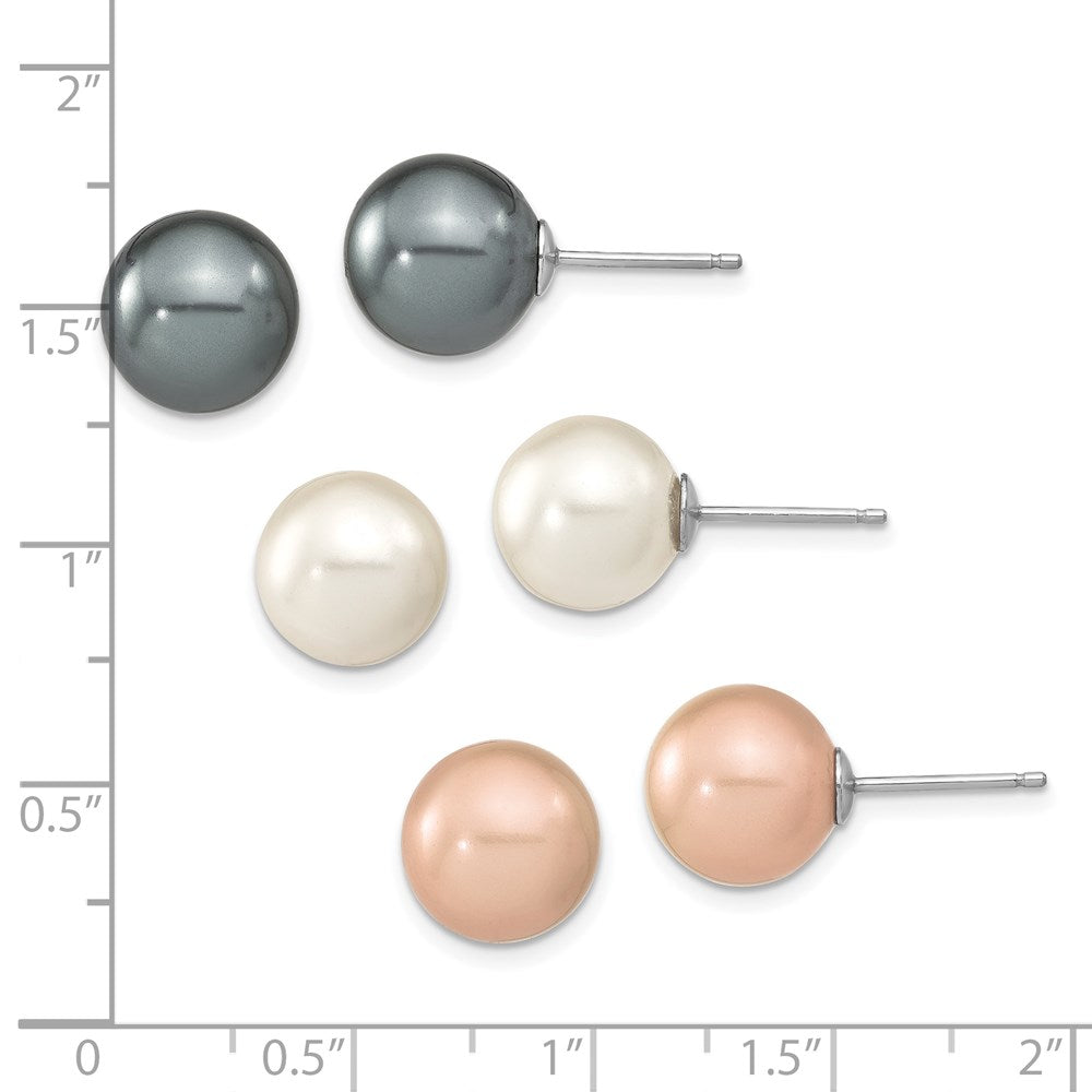 Sterling Silver Rh 10-11mm Wht/Pink/Blk Imit. Shell Pearl Earring Set
