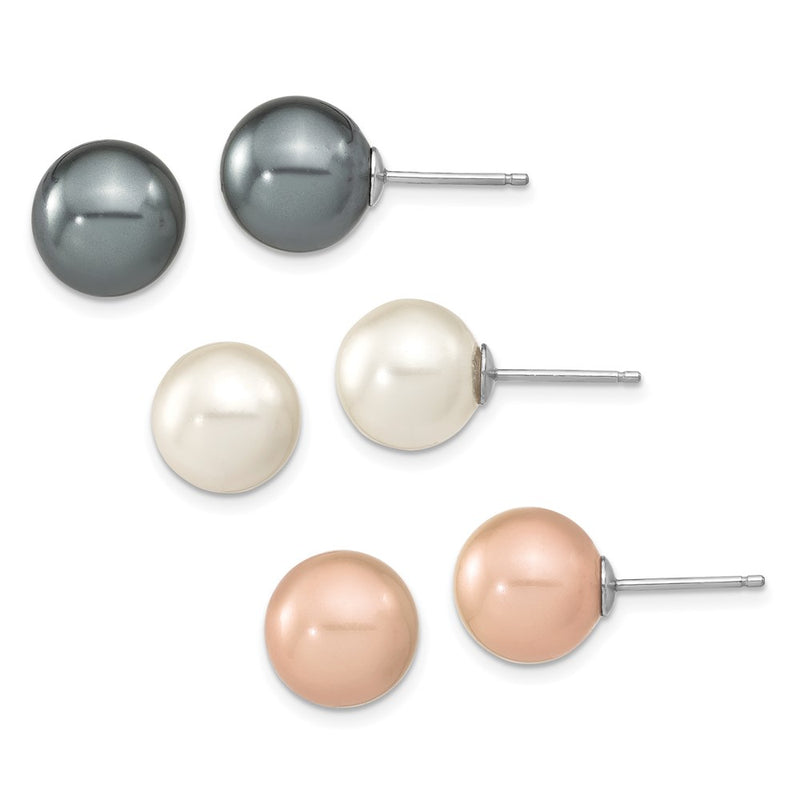 Sterling Silver Rh 10-11mm Wht/Pink/Blk Imit. Shell Pearl Earring Set