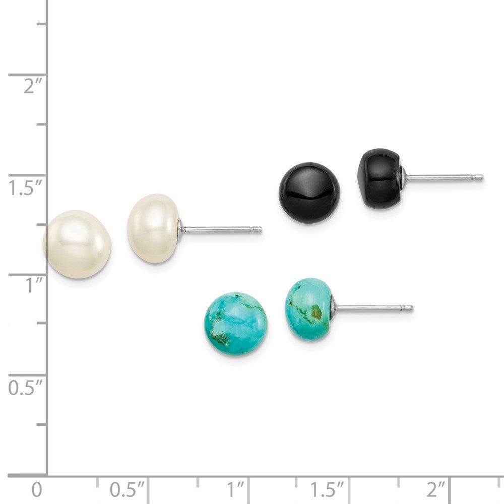 Sterling Silver Rh-Pltd 8-8.5mm Button Fwc Pearl/Stab.Turq/Blk Agate Set