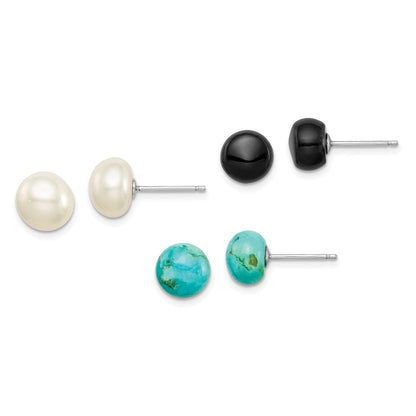 Sterling Silver Rh-Pltd 8-8.5mm Button Fwc Pearl/Stab.Turq/Blk Agate Set