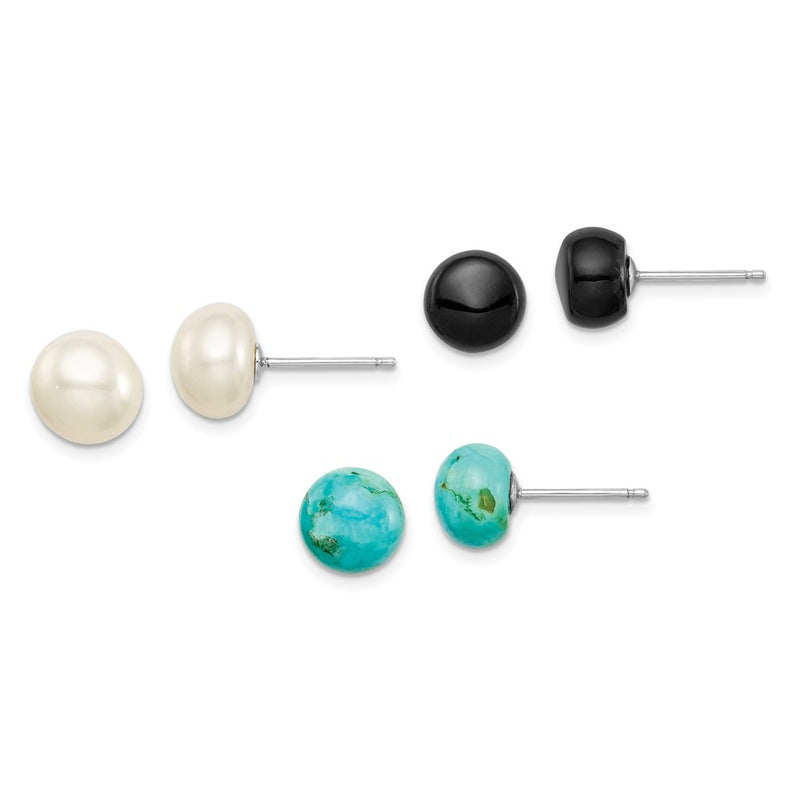 Sterling Silver Rh-Pltd 8-8.5mm Button Fwc Pearl/Stab.Turq/Blk Agate Set