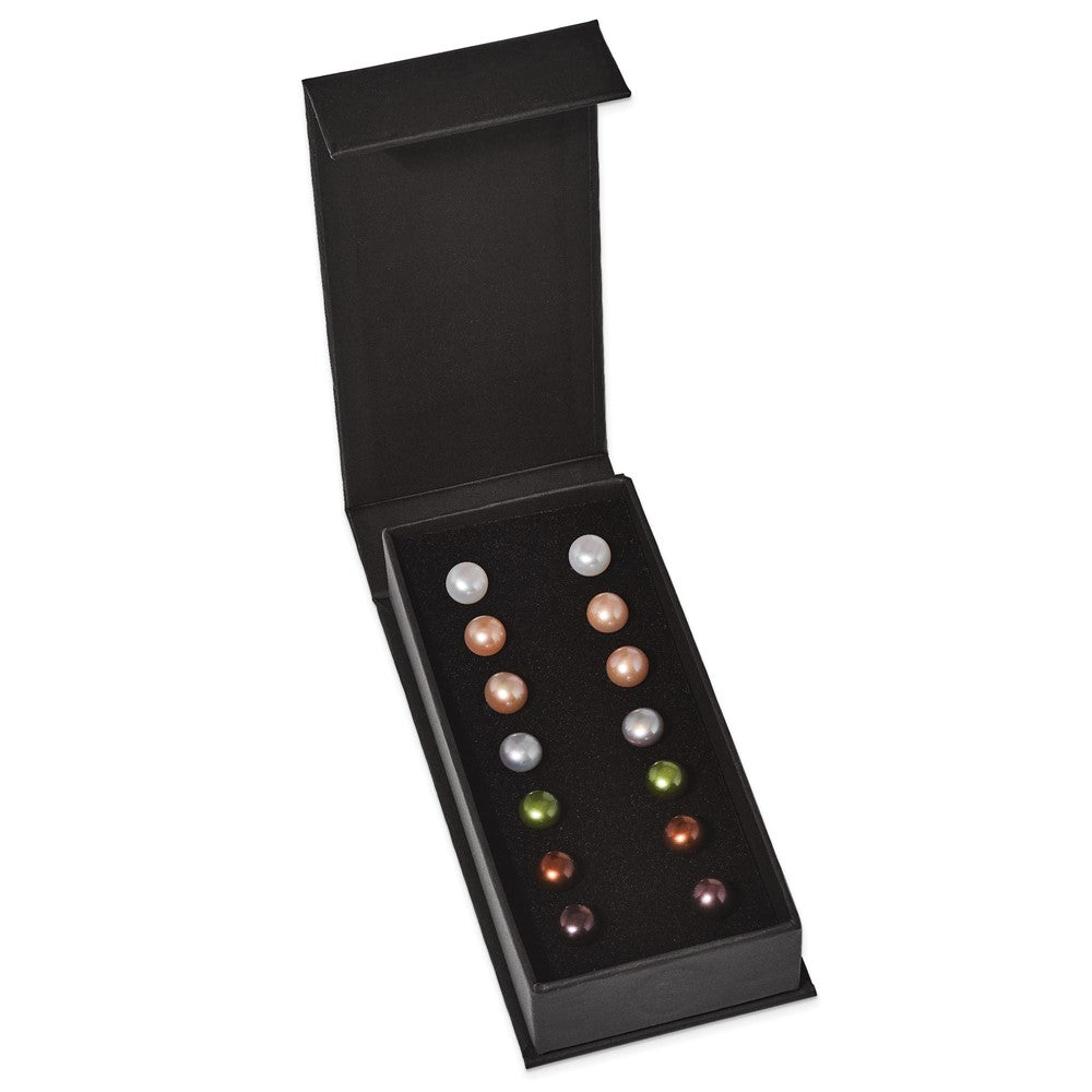 Sterling Silver Rhodium-Plated 7 Pairs 8-9mm Fwc Pearl Stud Ear Set