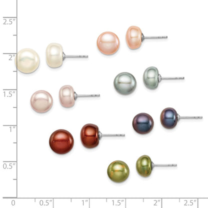 Sterling Silver Rhodium-Plated 7 Pairs 8-9mm Fwc Pearl Stud Ear Set