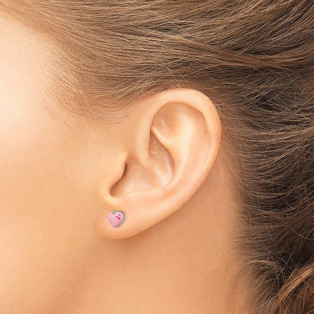 Sterling Silver Polished & Pink Enameled Heart Children'S Post Earrings