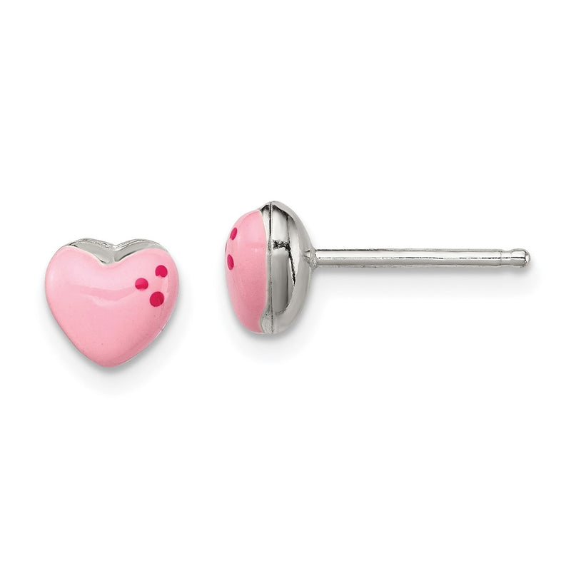 Sterling Silver Polished & Pink Enameled Heart Children'S Post Earrings