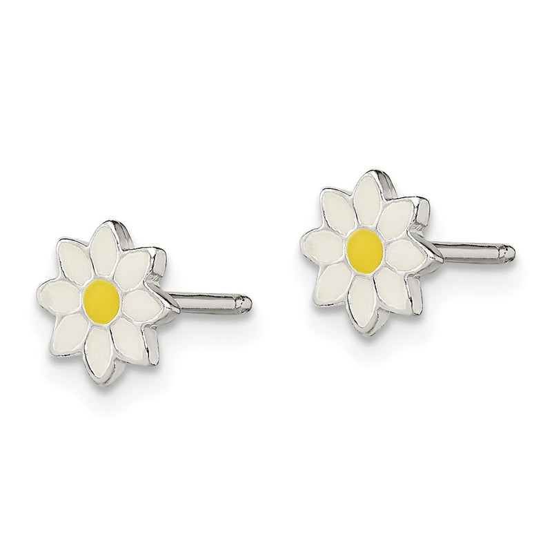 Sterling Silver Polished Yellow & White Enameled Flower Children'S Post Earrings