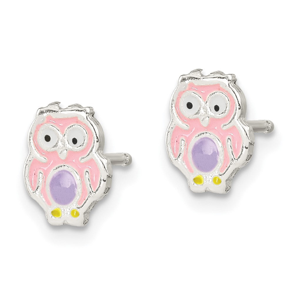 Sterling Silver Polished & Multi-Color Enameled Owl Children'S Post Earrings