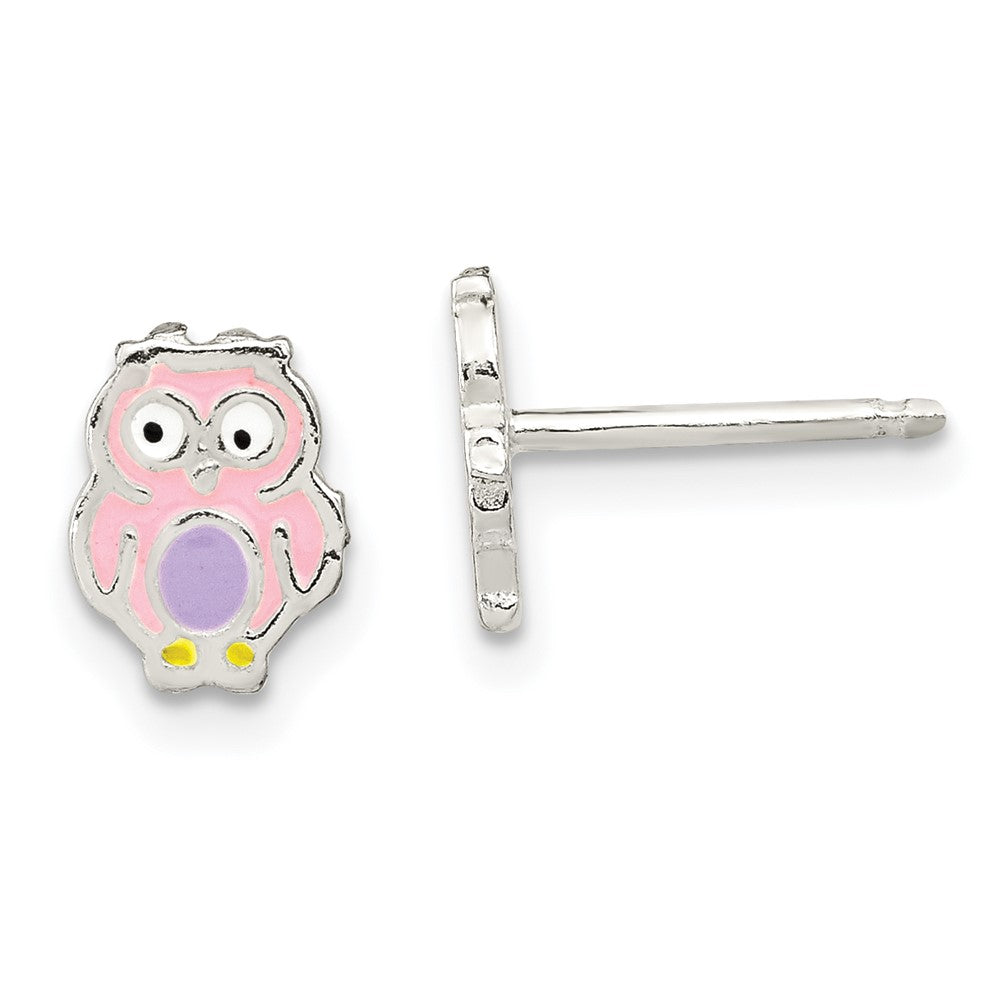 Sterling Silver Polished & Multi-Color Enameled Owl Children'S Post Earrings